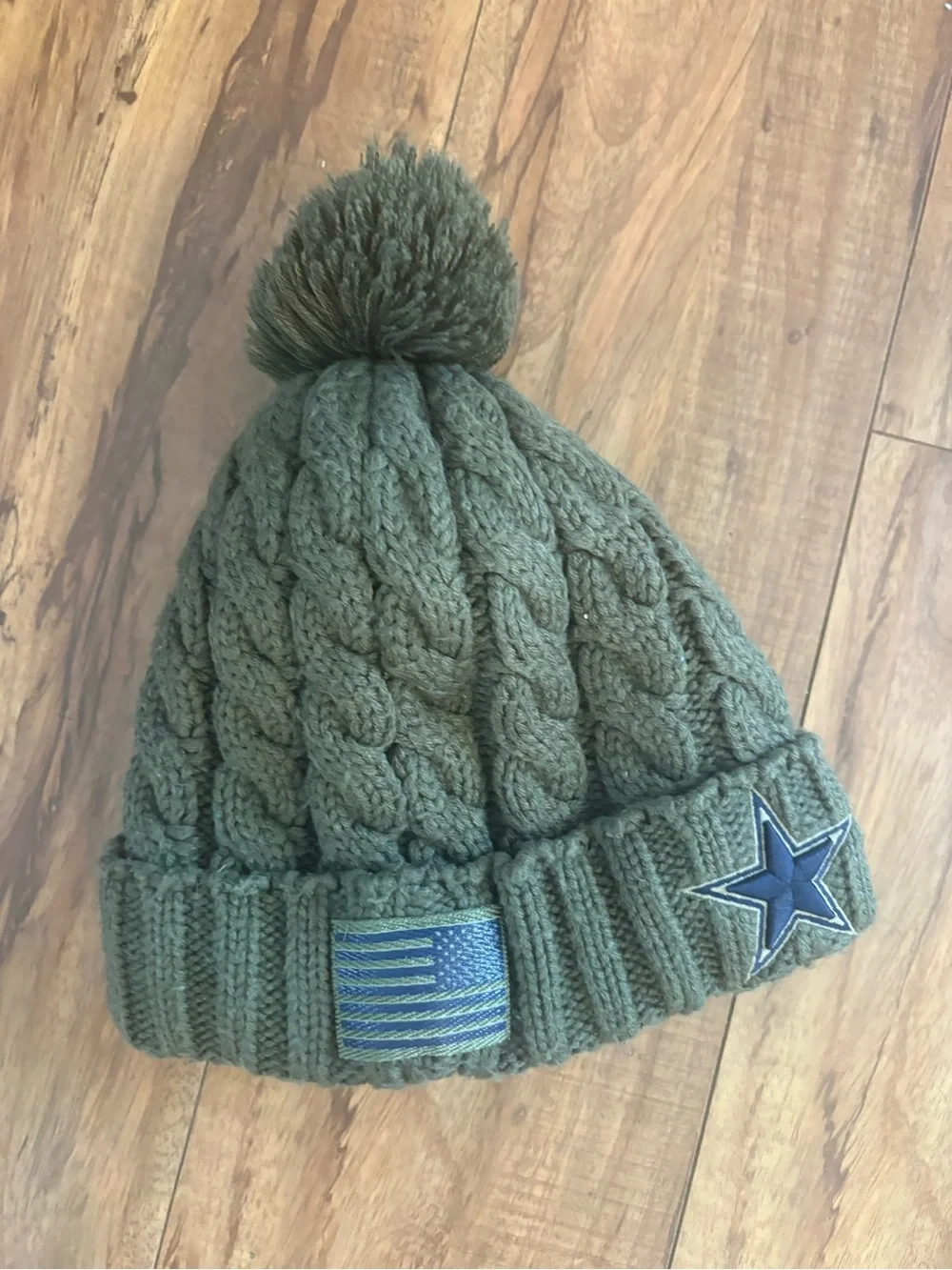 New Era Olive Green Cable Knit Pom Beanie with Star & Flag Patches